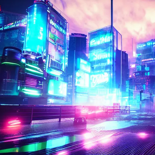 Image similar to « glowing neon lights, sunrise, cyberpunk, alita battle angel, blade runner, rainy, cold, clouds, far view, photorealistic, unreal engine 5, sharp focus »