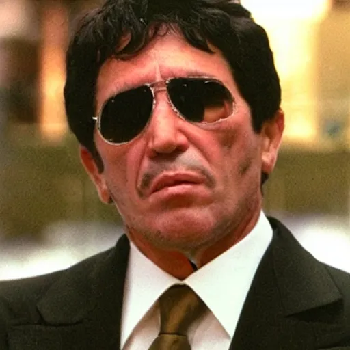 Prompt: tony montana with the face of bush sniffing tiny immigrants