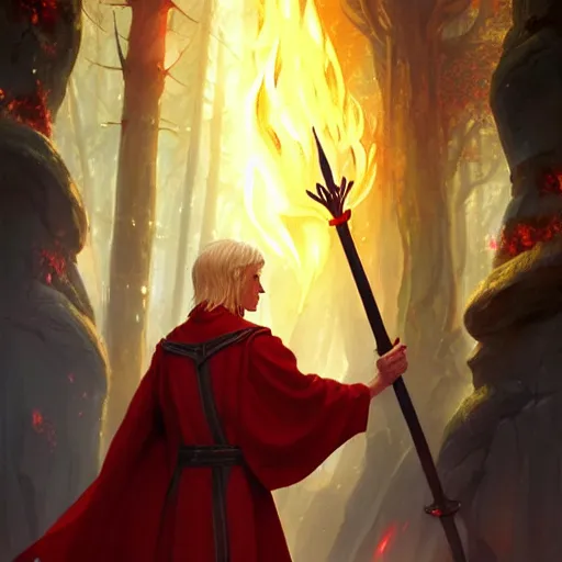 Prompt: middle adged blonde male elf wizard in red robes holding staff, surrounded by fire, epic wallpaper, high fantasy, trees, intricate detail, digital painting, artstation, concept art, smooth, sharp focus, illustration, art by greg rutkowski and wlop and raymond swanland and ross tran