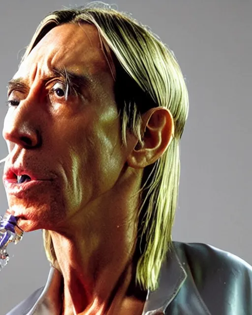 Prompt: a glass bottle shaped like iggy pop