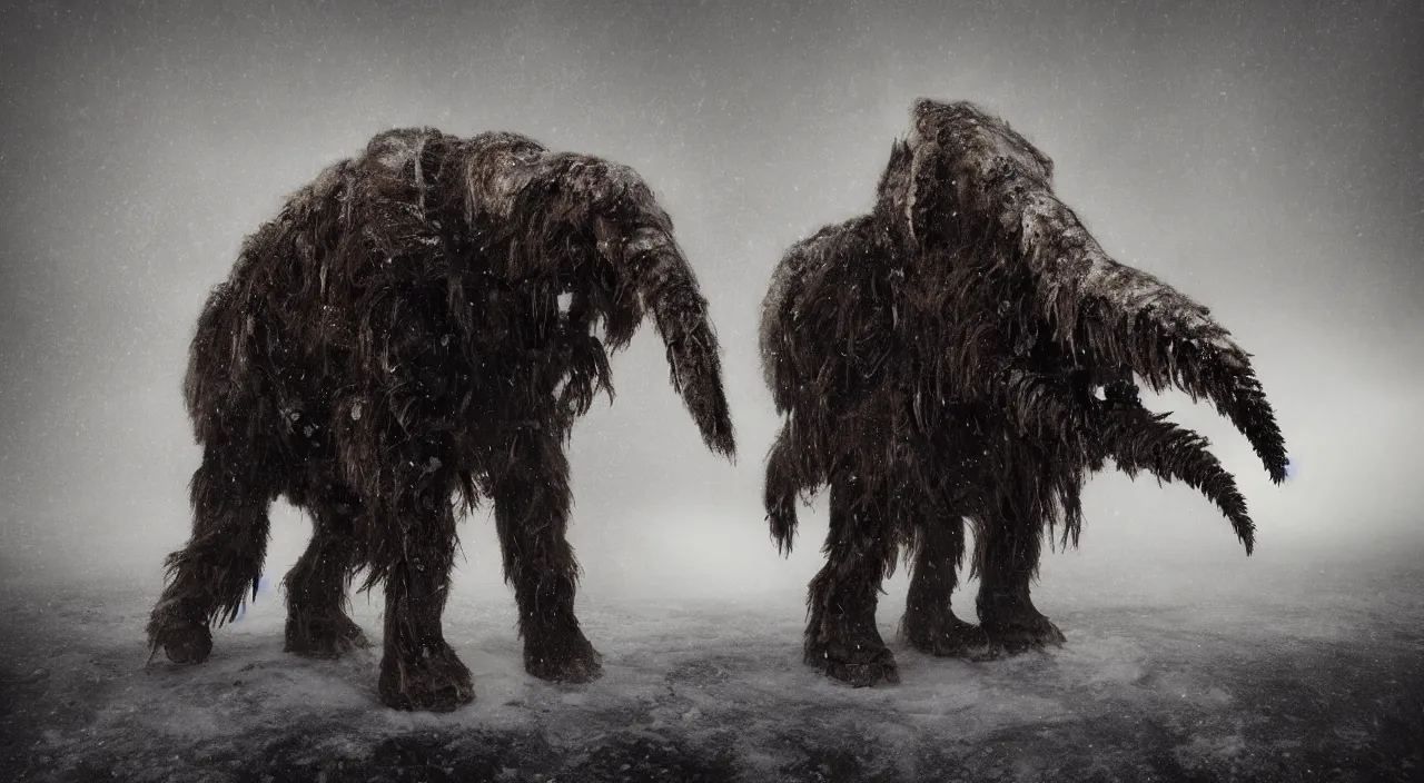 Prompt: “photo of a mechanical mammoth inspired by h.r.giger in an arctic storm, fog, snow storm, cold sunset, wind , ice, photoreal”