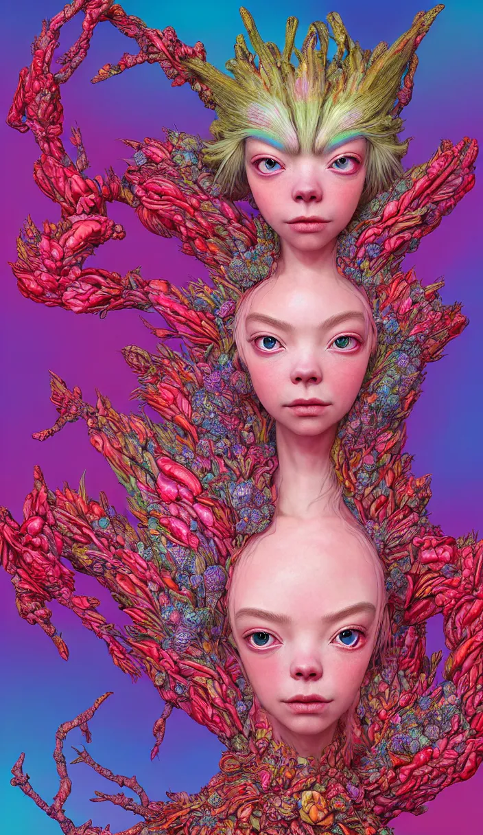 Prompt: hyper detailed 3d render like a Oil painting - kawaii portrait Aurora (a beautiful skeksis queen from dark crystal that looks like Anya Taylor-Joy) seen red carpet photoshoot posing in scaly dress to Eat of the Strangling network of yellowcake aerochrome and milky Fruit and His delicate Hands hold of gossamer polyp blossoms bring iridescent fungal flowers whose spores black the foolish stars by Jacek Yerka, Ilya Kuvshinov, Mariusz Lewandowski, Houdini algorithmic generative render, Abstract brush strokes, Masterpiece, Edward Hopper and James Gilleard, Zdzislaw Beksinski, Mark Ryden, Wolfgang Lettl, hints of Yayoi Kasuma, octane render, 8k