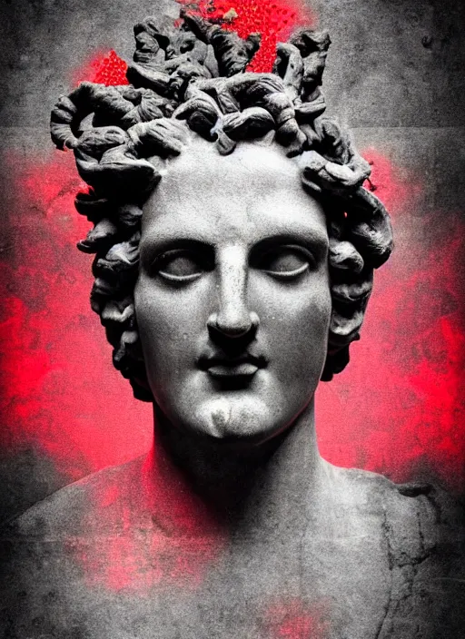 Prompt: dark design poster showing a statue of dionysus, black background with very subtle red and purple design elements, powerful, nekro, vito acconci, thin straight lines, dark, glitch art, neo vaporwave, gritty, layout frame, square, trending on artstation