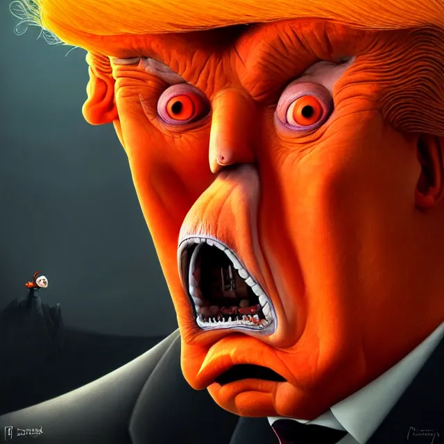 Image similar to gediminas pranckevicius | close up portrait of a evil trump with orange hair in the sinister valley of despair, one mouth, one nose, two eyes, oil painting by tomasz jedruszek, cinematic lighting, pen and ink, intricate line, hd, 4 k, million of likes, trending on artstation