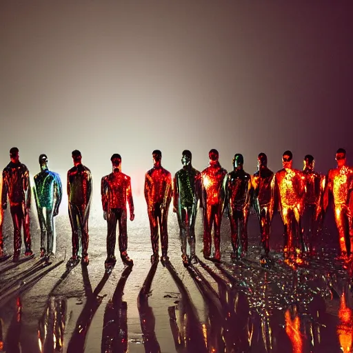 Image similar to unsplash contest winning photo, a giant crowd of men in full - body shiny reflective iridescent silver latex suits including masks and pants and shirts, inside a colorful dramatic unique rocky western landscape, low fog, neon light tube