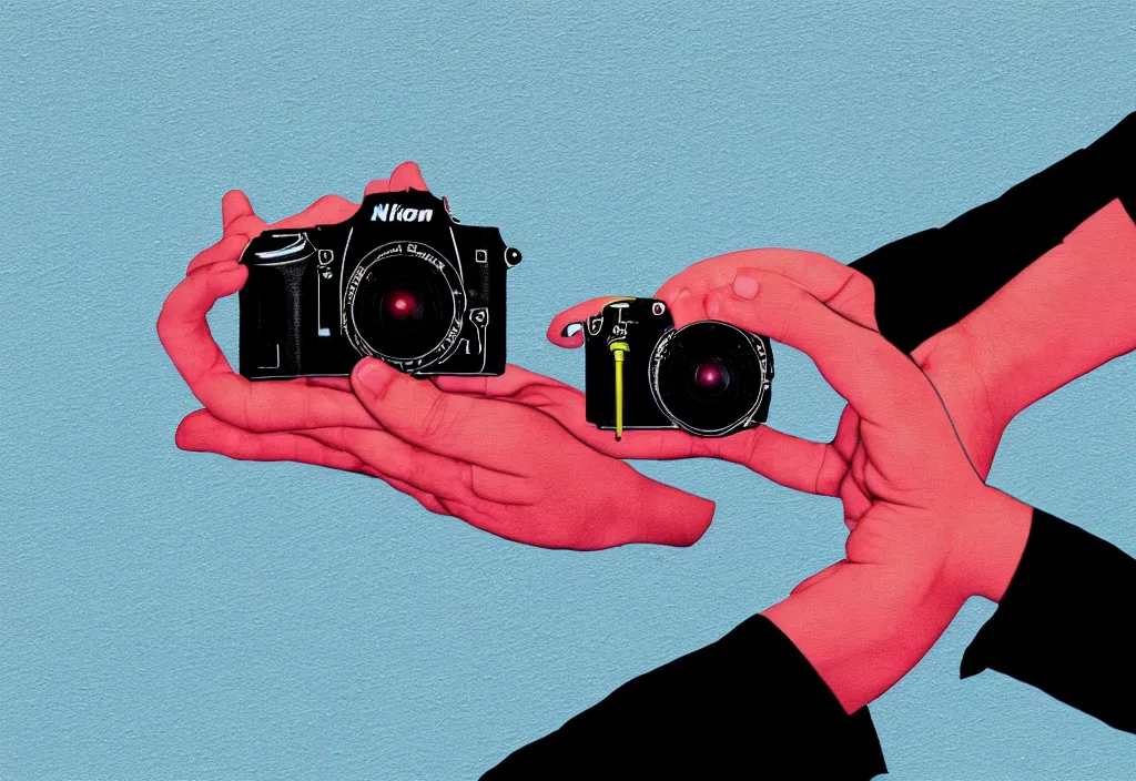 Image similar to first person view of a hand grasping a nikon dslr camera with mount fuji image in viewfinder, in the style of wes anderson, rene magritte, lola dupre, david hockney, isolated on white background, dark monochrome neon spraypaint accents octane render