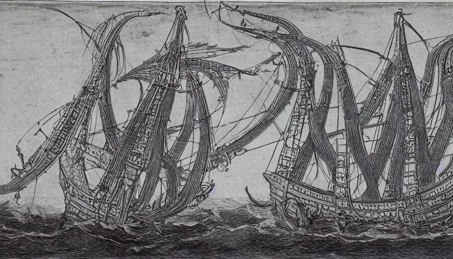 Prompt: encyclopedia drawing of a huge squid attacking ship, manuscript, detailed