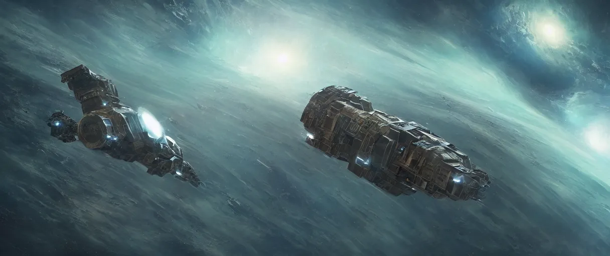 Image similar to concept art, ONE exploration spaceship drifting in space, the expanse tv series, industrial design, immensity, spatial phenomenon, space debris, cinematic lighting, low contrast, low saturation, 4k, greebles, widescreen ratio, wide angle, beksinski, sharp shapes, maximalist, film grain