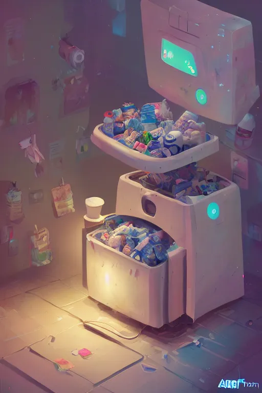 Prompt: Diaper Disposal Robot, Overflowing with Diapers, digital art, fantasy, trending on artstation, professional illustration, cgsociety, ultra detailed, volumetric lighting, celshaded, colorful, girly bedroom, lively, cute