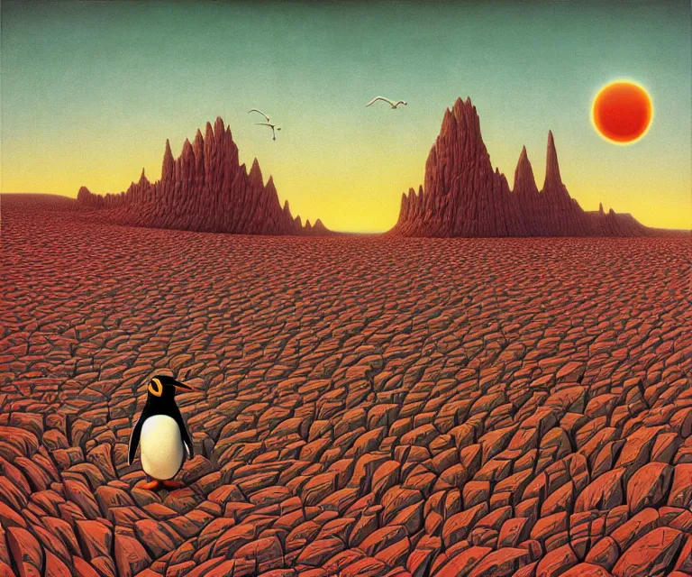 Image similar to hyper detailed 3d render like a Oil painting - a cartoon penguin in a barren desert under an unrelenting sun, by Jacek Yerka, Mariusz Lewandowski, Houdini algorithmic generative render, Abstract brush strokes, Masterpiece, Edward Hopper and James Gilleard, Zdzislaw Beksinski, Mark Ryden, Wolfgang Lettl, hints of Yayoi Kasuma, octane render, 8k