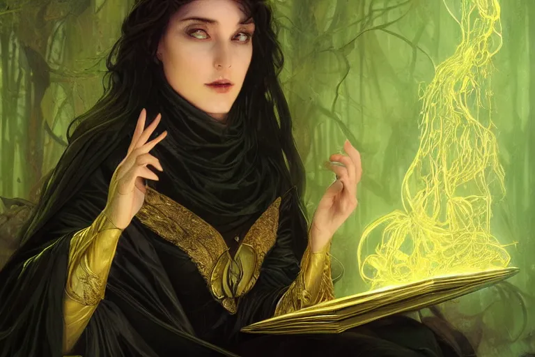 Prompt: a beautiful young dark sorceress wearing a black robe with gold embroidery, sitting at table, casting a spell, green glows, painted by artgerm and tom bagshaw and alphonse mucha, in the style of magic the gathering, highly detailed digital art