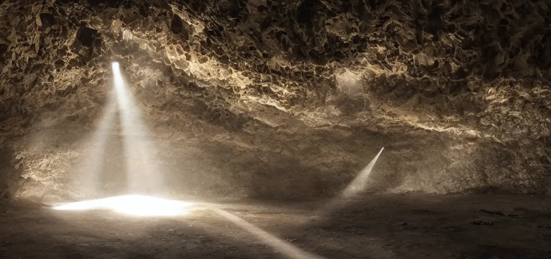 Prompt: underground, large cave, large city, god rays shot from far away