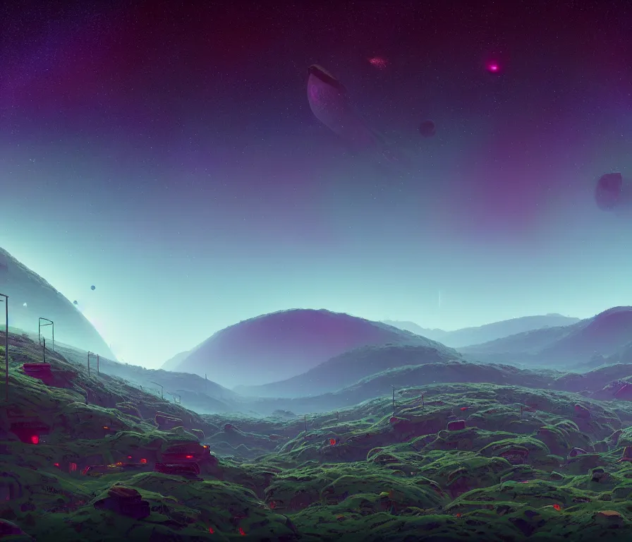 Image similar to O'Neill cylinder colony Stanford torus, view of villages, hills, forest, rivers. Space colony, inside view, octane rendering, humanity's cosmic future, stellar sky, cinematic, hyperdetailed, photorealistic, hyperrealism, octane rendering, 8k, depth of field, bokeh, masterpiece, fantastic art by Simon Stalenhag, Jakub Rozalski