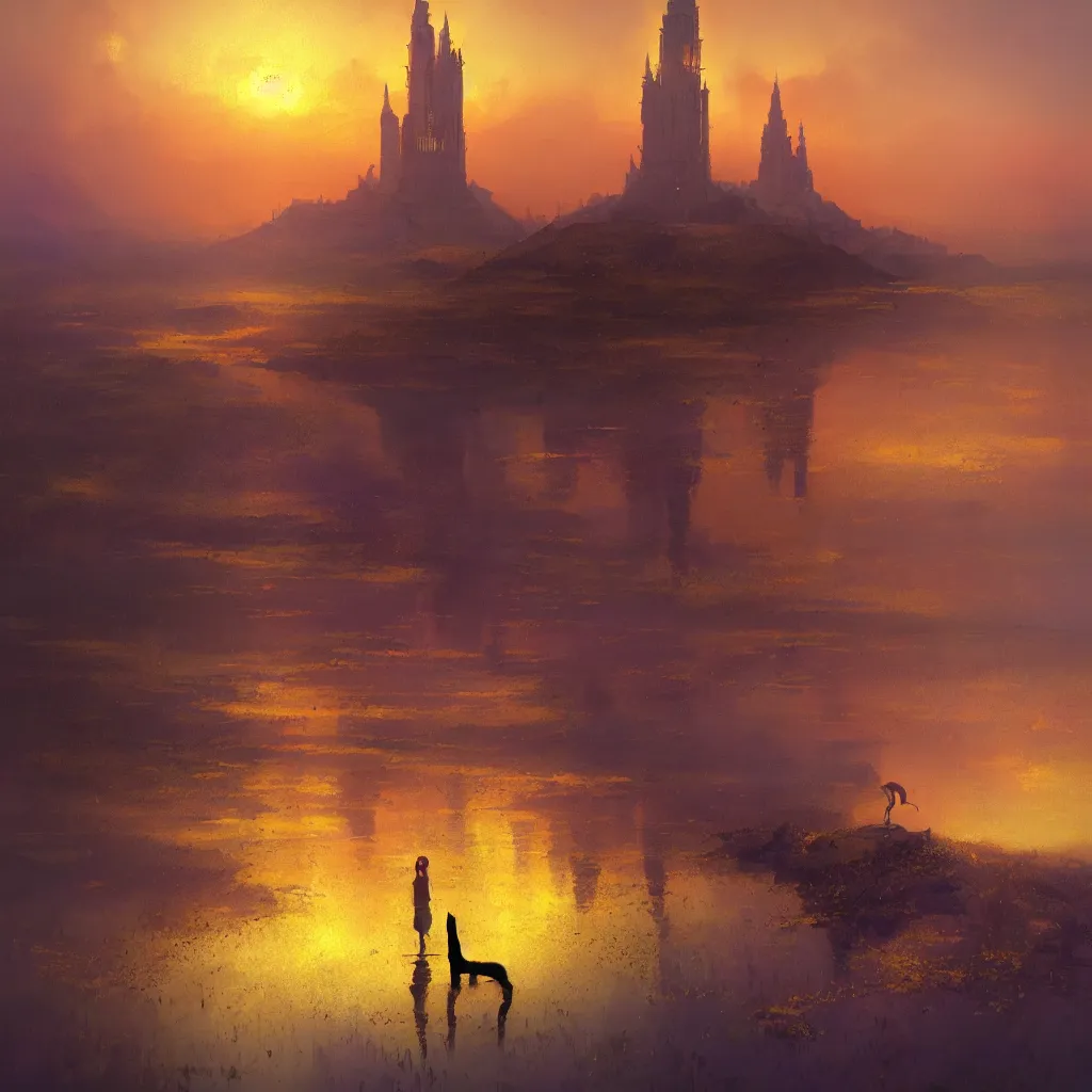 Image similar to lake filed with molten gold, volume lighting, cat on for ground and purple tower on back ground concept art, by greg rutkowski