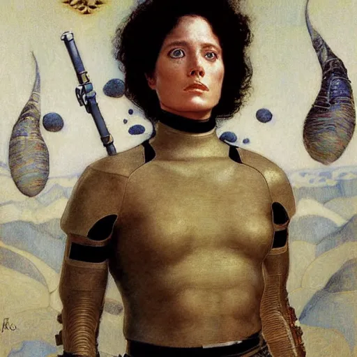 Image similar to masterpiece full body portrait Ripley on Dune, by Edgar Maxence and Ross Tran and Michael Whelan and Gustav Klimpt