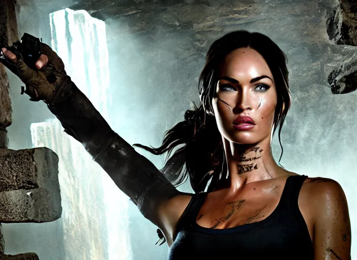 Image similar to film still of!!!! megan fox!!! as lara croft in new tomb raider movie, closeup portrait, exploring inside of aztec temple, glamour pose, dramatic lighting, octane, mist, volumetric lighting, arney freytag, 8 k