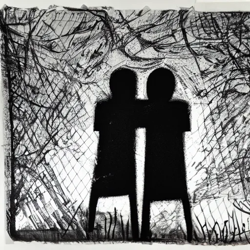 Prompt: two shadowy figures hugging each other, they are in a birdcage, paint is falling off, black and white, 5 0 mm, a dark photo