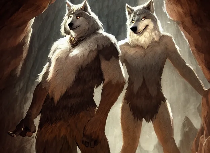 Prompt: burly tough character feature portrait of the anthro male anthropomorphic wolf fursona animal person wearing tribal primitive caveman loincloth outfit full wolf fur body standing in the entrance to the cave, perfect framed character design stylized by charlie bowater, ross tran, artgerm, makoto shinkai, detailed, soft lighting, rendered in octane masterpiece