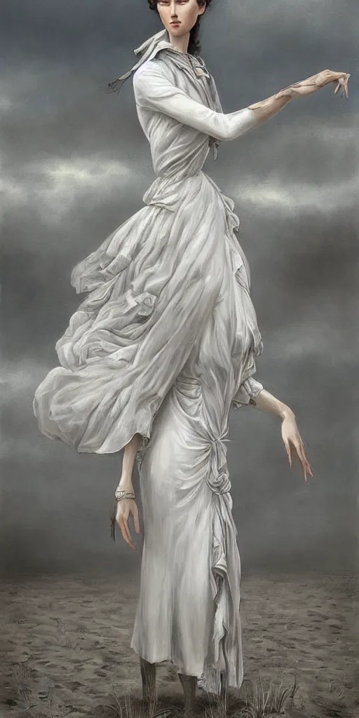 Prompt: a beautiful hyperrealistic longshot portrait of a tall thin stunning Victorian model in a high-collared grey and white dress on the beach in the movie The Piano, intricate, elegant, highly detailed, smooth, sharp focus, award-winning, masterpiece, in the style of Tom Bagshaw, Cedric Peyravernay, Peter Mohrbacher