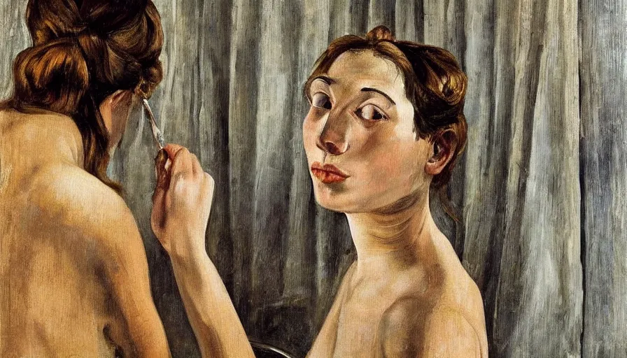 Image similar to painting by lucien freud, young woman in front of the mirror, detailed, stunning