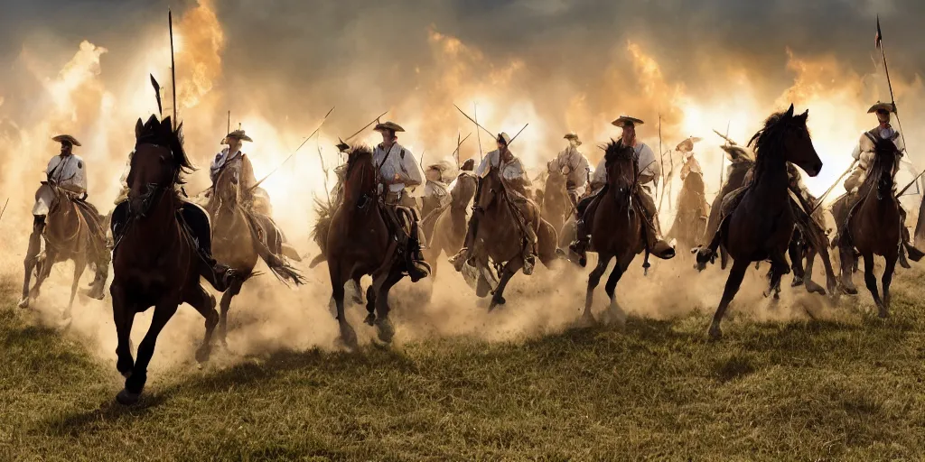 Image similar to promotional movie still rendered in octane, of an action shot from the battle of little bighorn, custer's last stand, majestic horses and their riders, desperate action heading towards the offset center of the scene, dramatic hdr natural light, cinematic lighting, extremely high detail, photorealistic, imax 7 0 mm, iso 4 0 0, 8 k, 4 k, hq