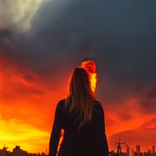 Image similar to rebel woman standing in front of a post apocalyptic city with burning red sky