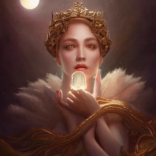 Image similar to a beautiful digital painting of a princess, princess, the moon behind her, intricate, cinematic lighting, highly detailed, digital painting, concept art, smooth, sharp focus, illustration, art by tom bagshaw, artgerm and greg rutkowski 1 0 k