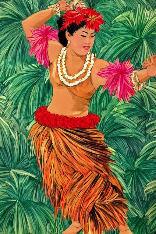 Image similar to traditional hawaiian hula dancer, high detail, beautiful background