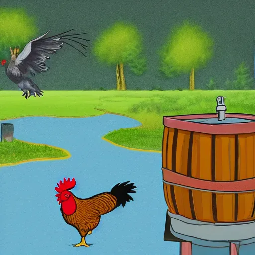 Image similar to A digital painting of a thief tripping and falling into a pond. In the background, there's a chicken coop where a rooster drinks from a wooden keg while sitting on stacks of dollar bills.