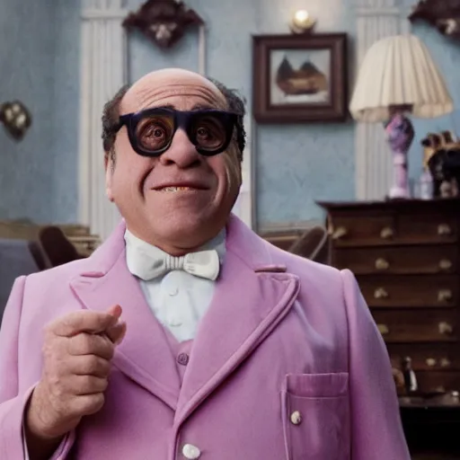 Image similar to A movie still of Danny Devito in The Grand Budapest Hotel