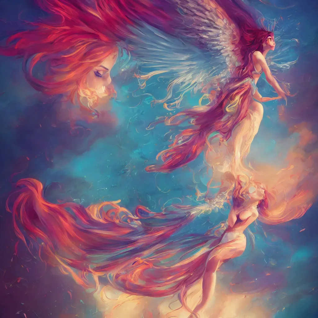 Image similar to a colorful and provenance illustrations painting of the fantasy angel flying with floral wings, highly detailed, her hair made of hair made of air wind and curling smoke, mist, dust, genie, spirit fantasy concept art, art by aenami, alena, afshar, petros and leonid, trending on artstation.