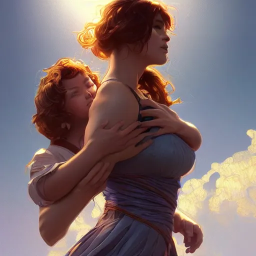 Prompt: giantess woman holding a small man, intricate, highly detailed, digital painting, artstation, concept art, smooth, sharp focus, illustration, unreal engine 5, 8 k, art by artgerm and greg rutkowski and alphonse mucha