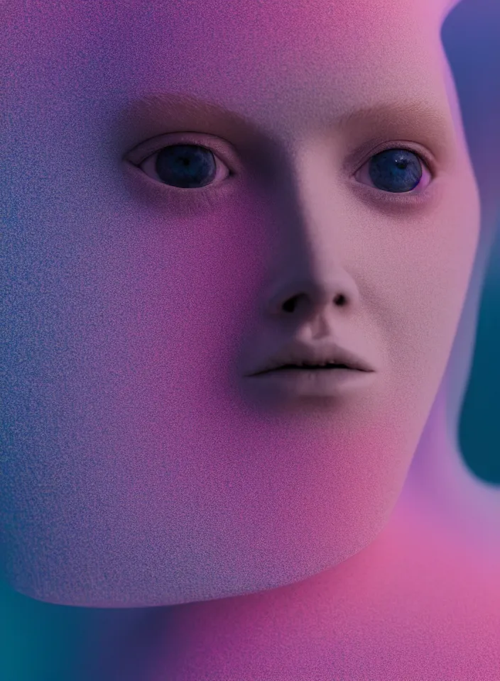 Prompt: high quality pastel coloured film close up photograph of a cyborg model in an icelandic black rock!! environment in a dreamstate environment. three point light. photographic production. art directed. pastel colours. volumetric light. pastel gradient overlay. waves glitch artefacts. extreme facial detail. 8 k. filmic.