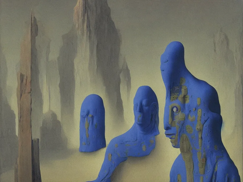 Prompt: Albino mystic with his back turned, looking in the distance at giant totemic archaic sculpture mask temple made from Lapis Lazuli. Painting by Jan van Eyck, Beksinski, Rene Magritte, Agnes Pelton, Max Ernst, Walton Ford