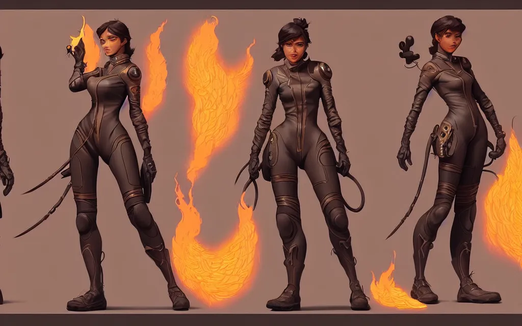 Image similar to weta disney pixar character sheet of 🏍 kata : : flames : : multiple costumes : : by weta, greg rutkowski, wlop, ilya kuvshinov, rossdraws, artgerm, marvel, unreal engine, bright morning, anime