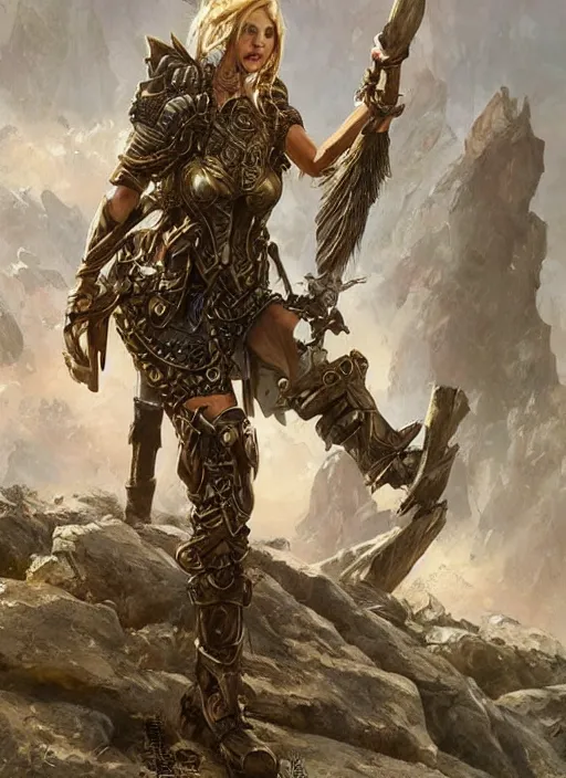 Image similar to highly detailed steampunk armor on a blond who is standing on a rock : greg rutkowski, magali villeneuve