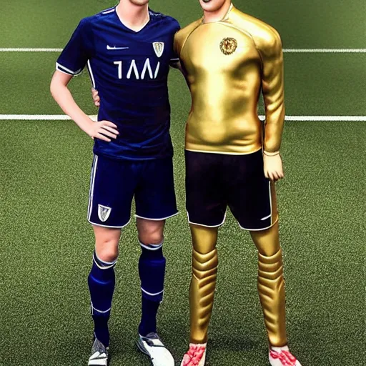 Image similar to a realistic detailed photo of a guy who is an attractive humanoid who is half robot and half humanoid, who is a male android, soccer players martin ødegaard & timo werner, shiny skin, posing like a statue, blank stare, in a living room, on display, showing off his muscles, gold soccer shorts, side view