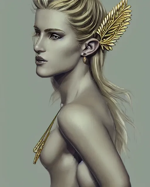 Image similar to tattoo design sketch of hot blonde super model as aphrodite greek goddess wearing a gold laurel wreath and triangle earrings, beautiful piercing gaze with sharp pupils, in the style of greg rutkowski, fantasy, amazing detail, epic, elegant, smooth, sharp focus, front view