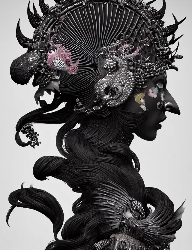 Image similar to 3 d goddess close - up profile portrait with crown, ram skull. beautiful intricately detailed punk japanese crow kitsune mask and clasical japanese kimono. betta fish, jellyfish phoenix, bio - luminescent, plasma, ice, water, wind, creature, artwork by tooth wu and wlop and beeple and greg rutkowski