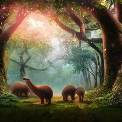 Prompt: magic forest with capybaras and fairies, realistic, 4k