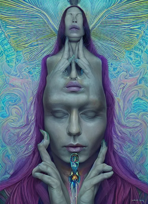 Prompt: portrait ultra dimensional cult woman shaman, enlightenment tripping on dmt, psychedelic experience, ultra high definition, unreal engine 5, hyperrealism, masterpiece composition, single person, by michael parkes, casey weldon, barclay shaw