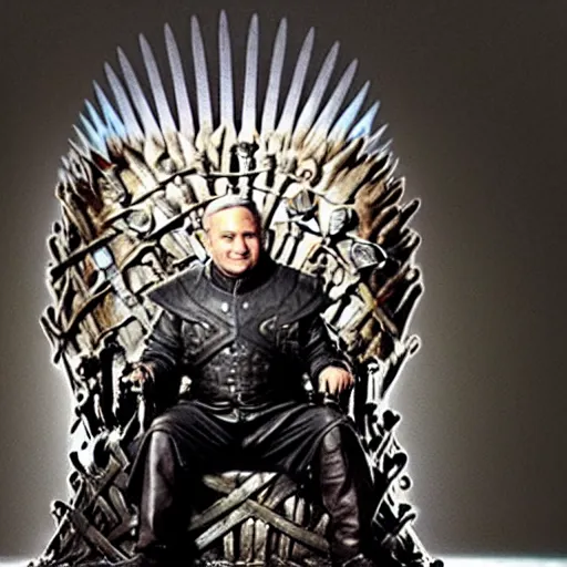 Prompt: “Benjamin Netanyahu sitting on the iron throne, 4k, award winning, realistic, scene from game of thrones”