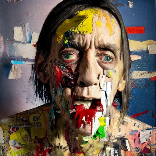 Image similar to hyperrealistic, photorealistic, mixed media oil painting of iggy pop, magazine scraps, plaster, blood, oil, mustard, cigarettes, splatter, trending on artstation, award - winning painting, greg rutkowski, basquiat, ralph steadman, terry gilliam