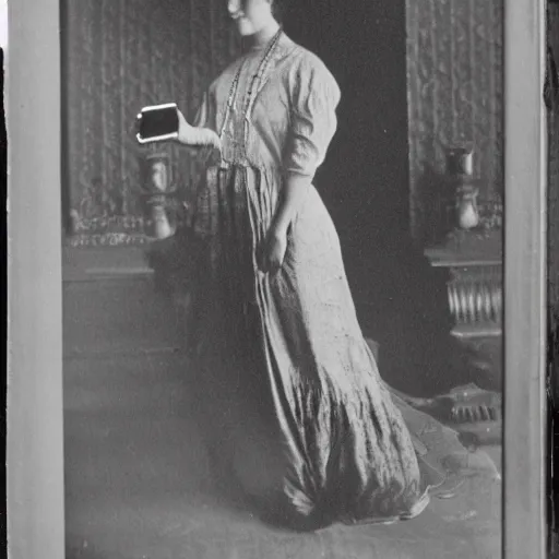 Prompt: woman, full length portrait do selfie with iphone, photo, 1 9 1 0