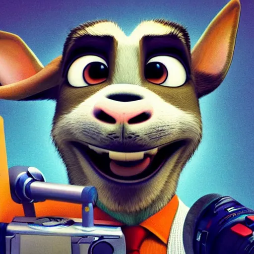 Image similar to “portrait of a smiling goat, zootopia movie style, pointing a laser gun at the camera, digital art, 4k, award winning”