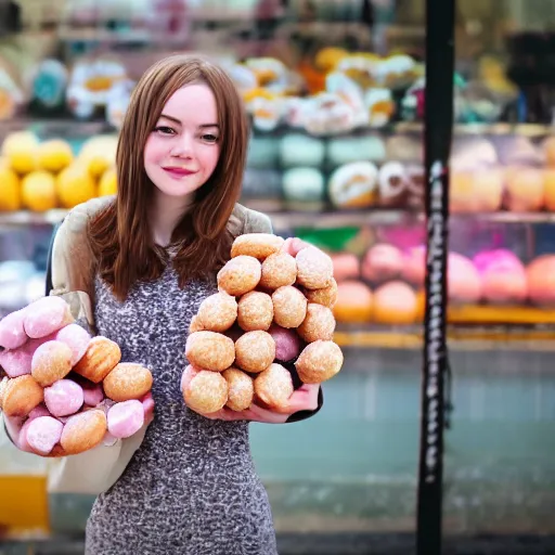 Image similar to photo of cute teenage emma stone, freckles, holding bunch of donuts, street of moscow, shallow depth of field, cinematic, 8 0 mm, f 1. 8