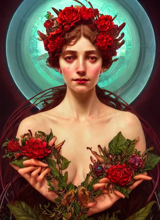 Prompt: the goddess demeter, straw wreath, full body, steampunk, glowing eyes, volumetric lights, red and cyan theme, art nouveau botanicals, intricate, highly detailed, digital painting, artstation, concept art, smooth, sharp focus, cinematic, illustration, beautiful face, art by artgerm and greg rutkowski and alphonse mucha