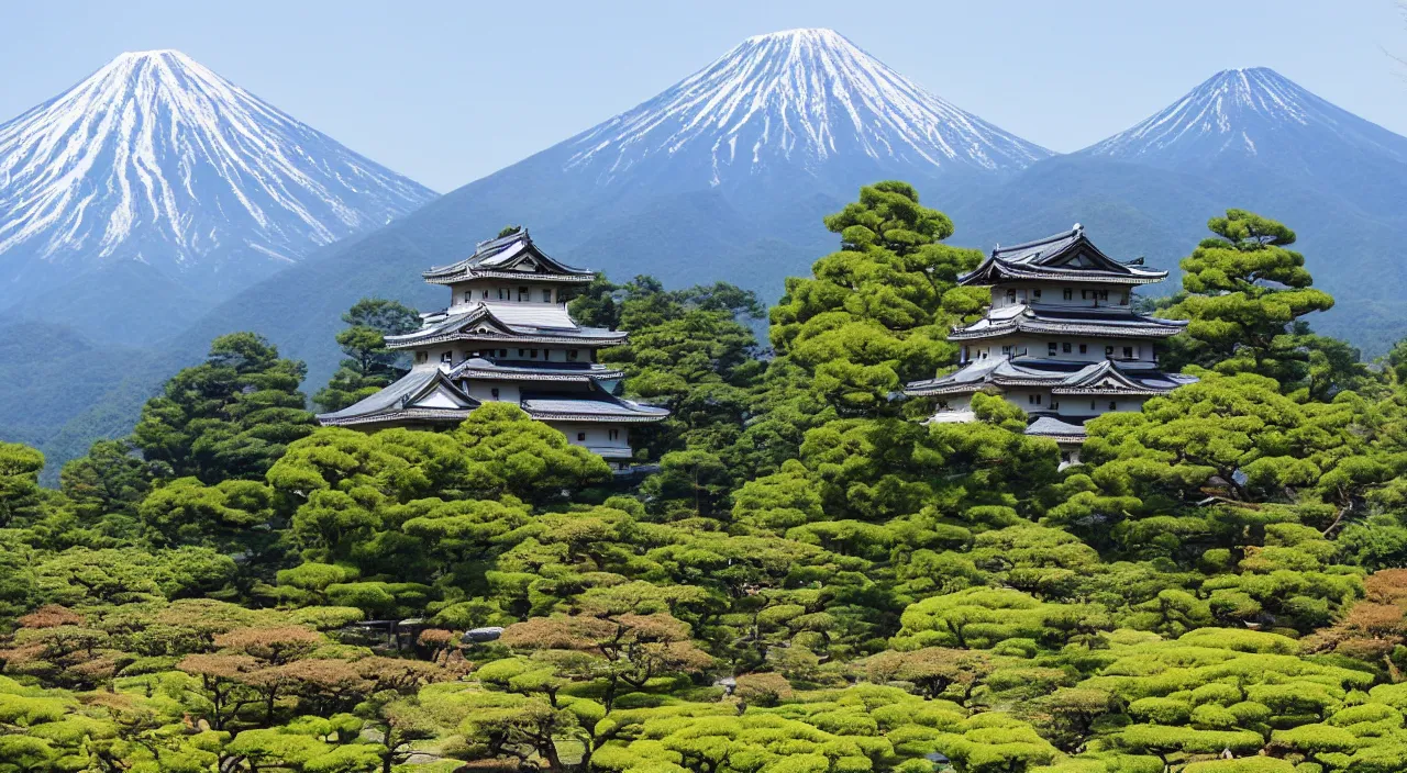 Image similar to a Japanese castle, with a garden as foreground, with mountains as background