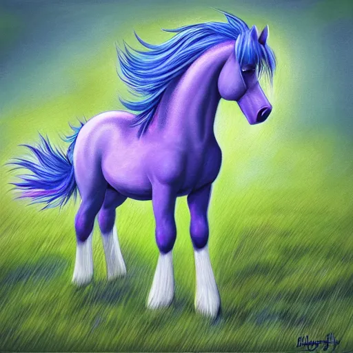 Prompt: a blue realistic pony with purple hair standing in the grass, an ultrafine detailed painting by muggur, featured on deviantart, brony art, flat shading, booru