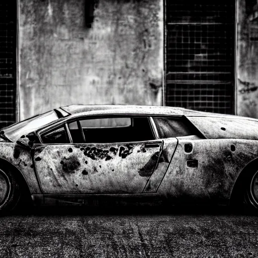 Image similar to black and white press photograph of a rusted abandoned lamborghini on a busy street, detailed, natural light, mist, film grain, soft vignette, sigma 5 0 mm f / 1. 4 1 / 1 0 sec shutter, imax 7 0 mm footage